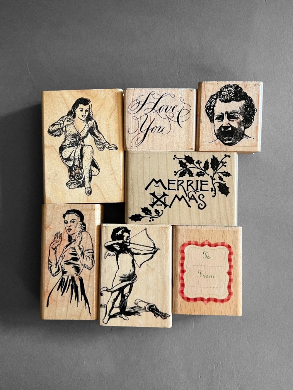 Set of 7 Wood Block Rubber Stamps